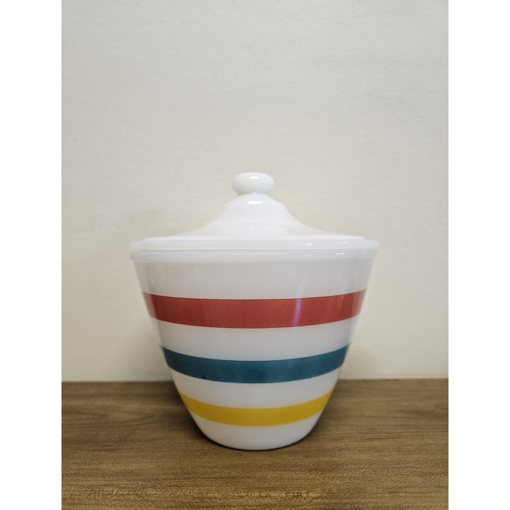 Vintage Fire King Colonial Band Grease Jar w/ Lid Pink Turquoise Yellow Stripes